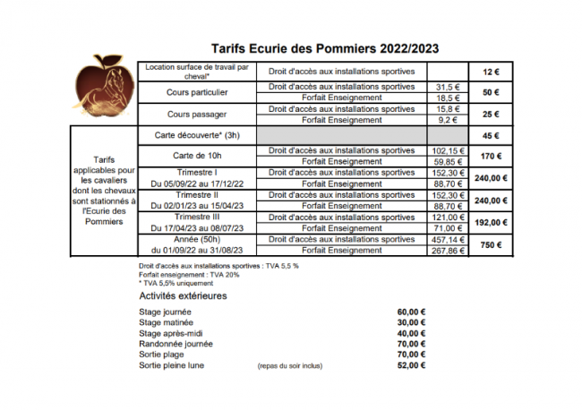 Tarifs Ecuries des Pommiers à Landes sur Ajon 2022